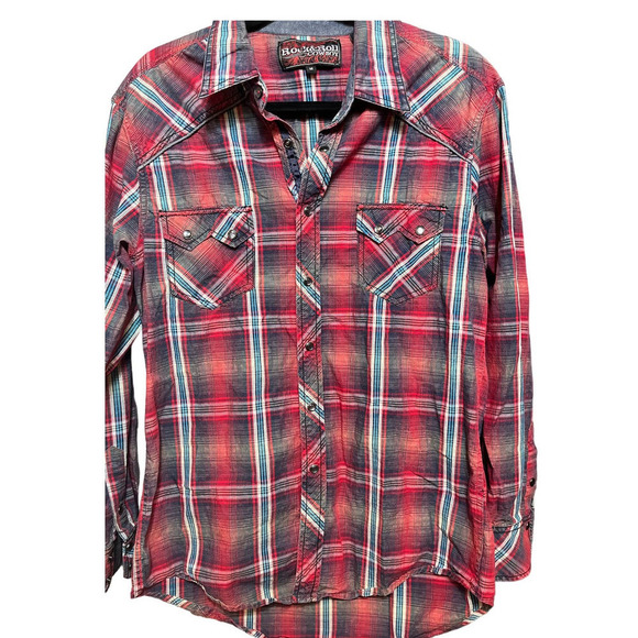 Rock & Roll CowBoy Men’s Snap On Long Sleeve Plaid Shirt - Picture 3 of 7